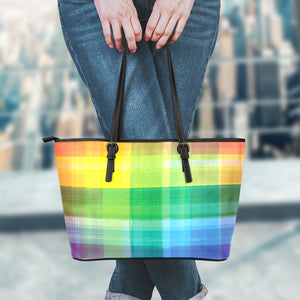 LGBT Pride Rainbow Plaid Pattern Print Leather Tote Bag