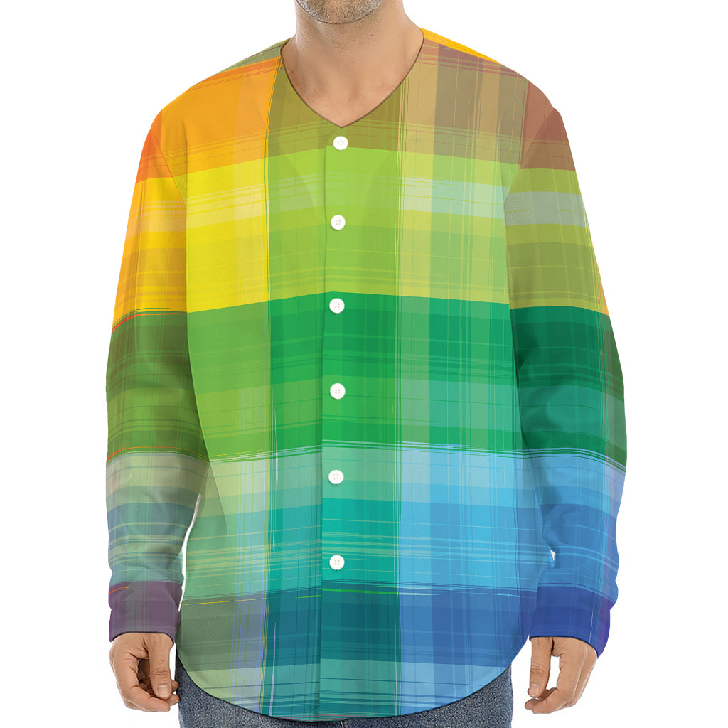 LGBT Pride Rainbow Plaid Pattern Print Long Sleeve Baseball Jersey