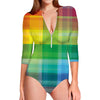 LGBT Pride Rainbow Plaid Pattern Print Long Sleeve Swimsuit