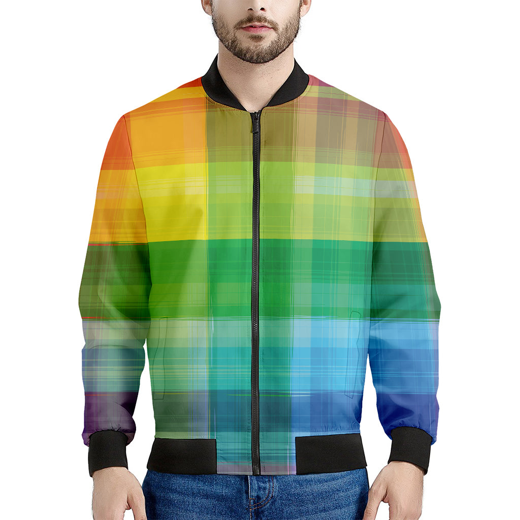 LGBT Pride Rainbow Plaid Pattern Print Men's Bomber Jacket