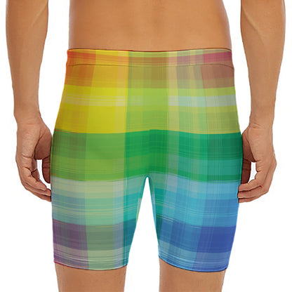 LGBT Pride Rainbow Plaid Pattern Print Men's Long Boxer Briefs