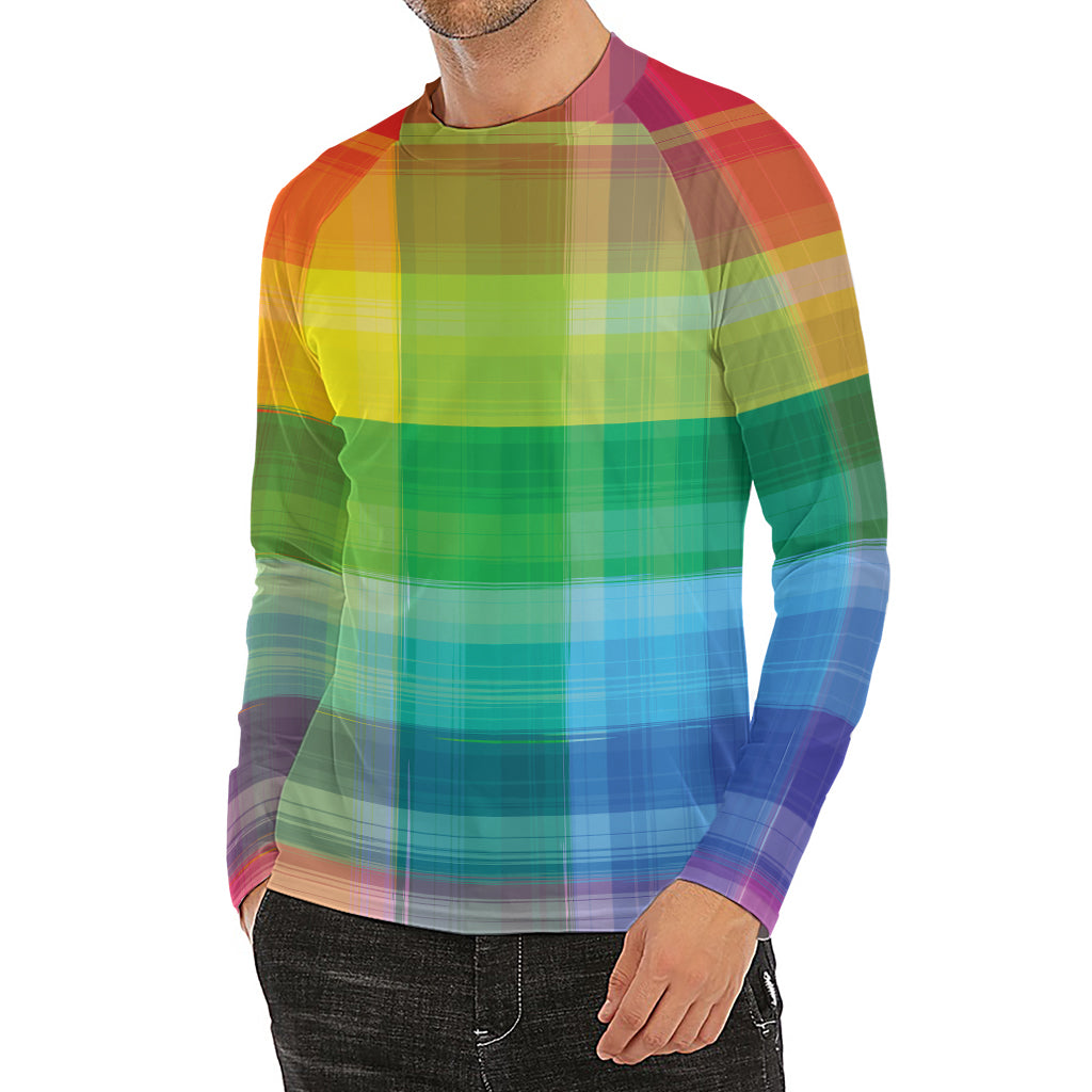 LGBT Pride Rainbow Plaid Pattern Print Men's Long Sleeve Rash Guard