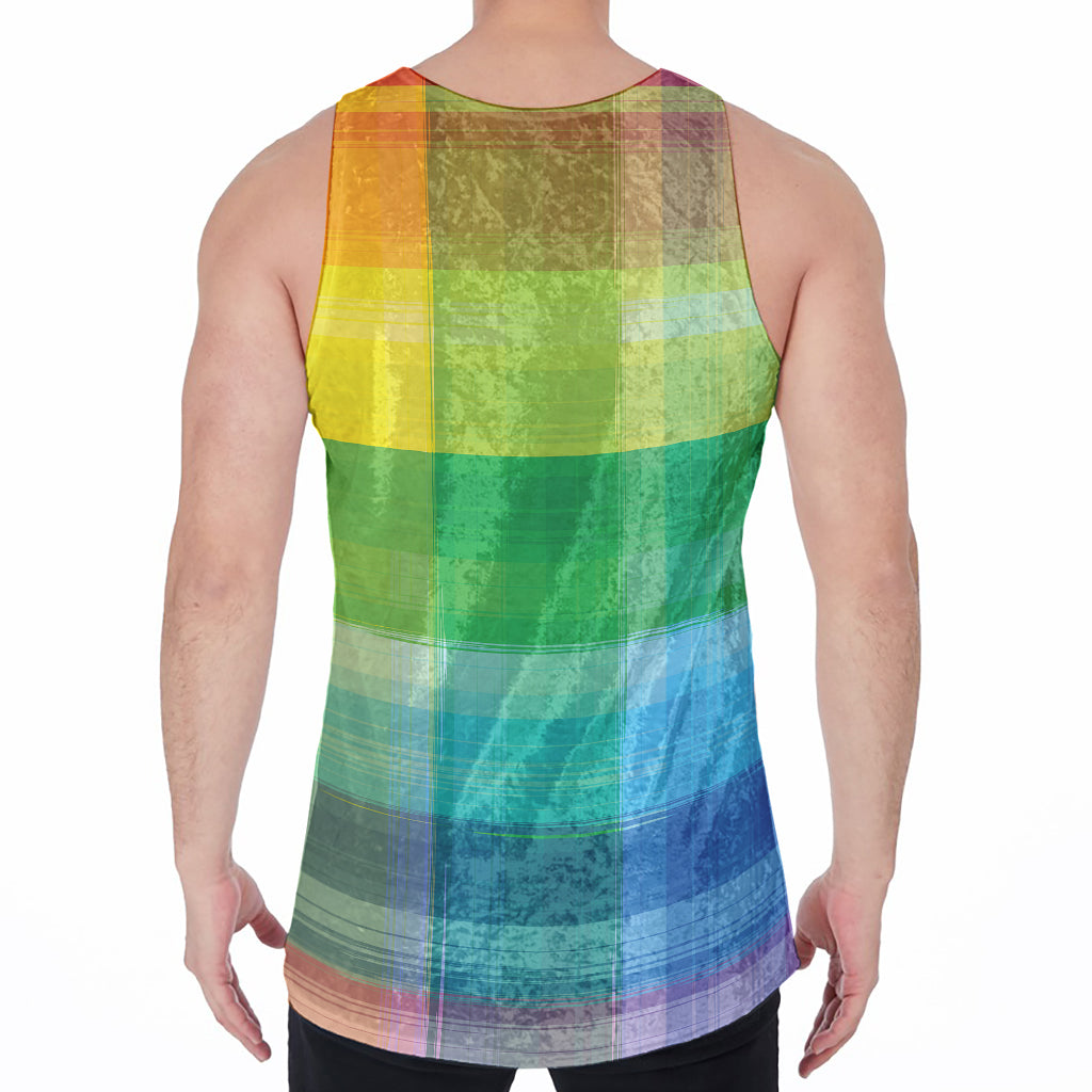 LGBT Pride Rainbow Plaid Pattern Print Men's Velvet Tank Top