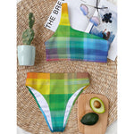 LGBT Pride Rainbow Plaid Pattern Print One Shoulder Bikini Top