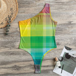 LGBT Pride Rainbow Plaid Pattern Print One Shoulder Bodysuit