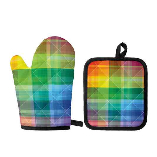 LGBT Pride Rainbow Plaid Pattern Print Oven Mitt And Pot Holder Set