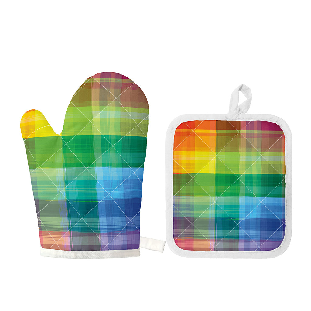 LGBT Pride Rainbow Plaid Pattern Print Oven Mitt And Pot Holder Set