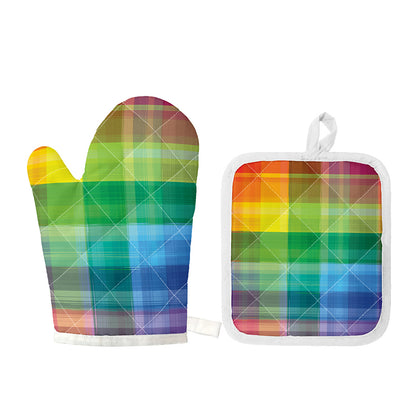 LGBT Pride Rainbow Plaid Pattern Print Oven Mitt And Pot Holder Set