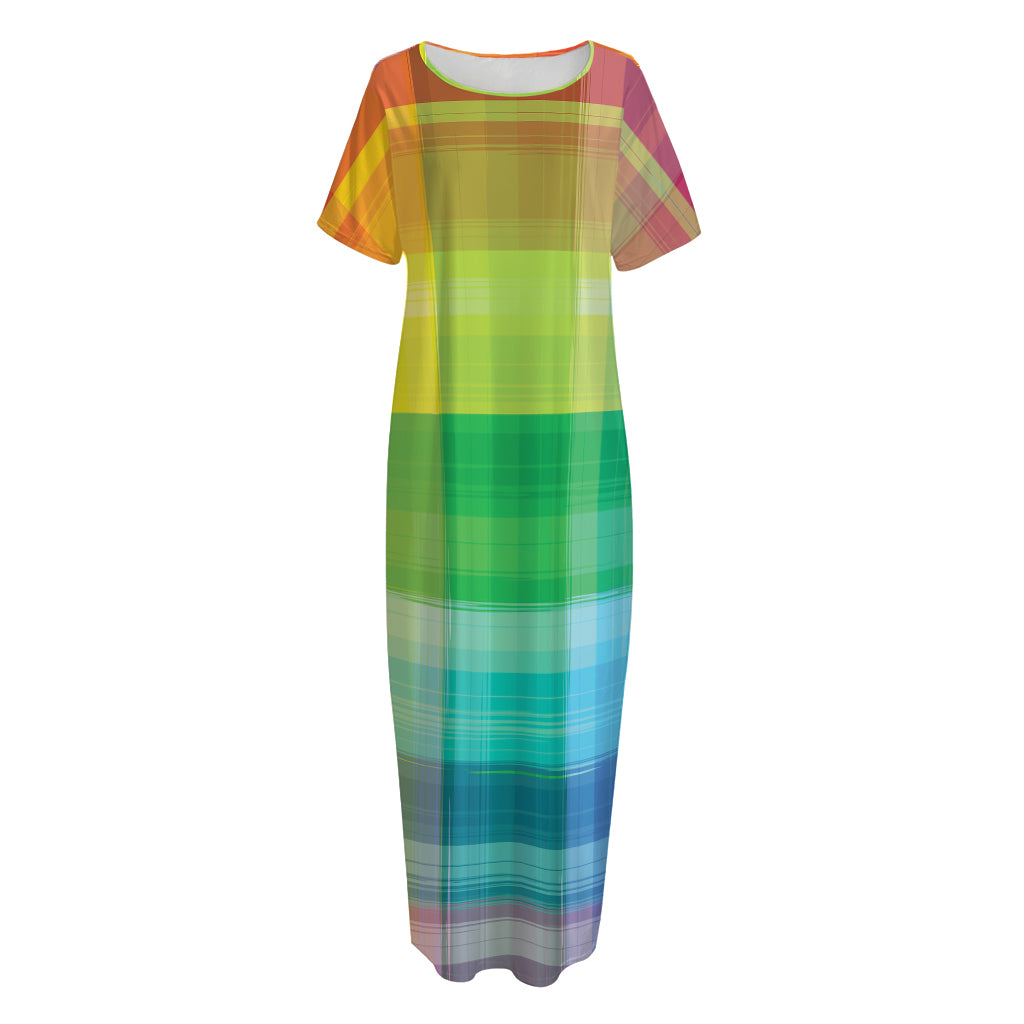 LGBT Pride Rainbow Plaid Pattern Print Short Sleeve Long Nightdress