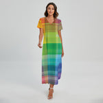 LGBT Pride Rainbow Plaid Pattern Print Short Sleeve Maxi Dress