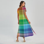 LGBT Pride Rainbow Plaid Pattern Print Short Sleeve Maxi Dress