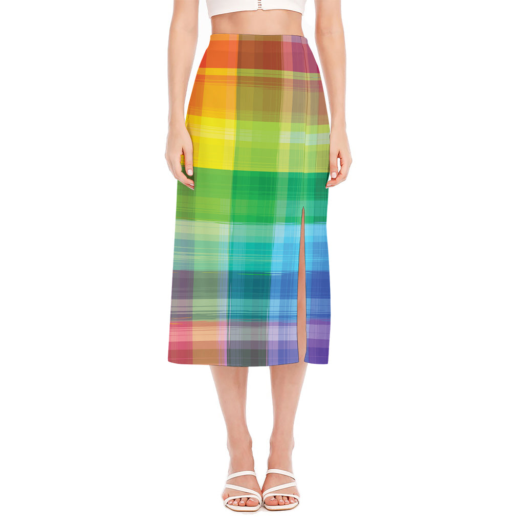 LGBT Pride Rainbow Plaid Pattern Print Side Slit Midi Skirt