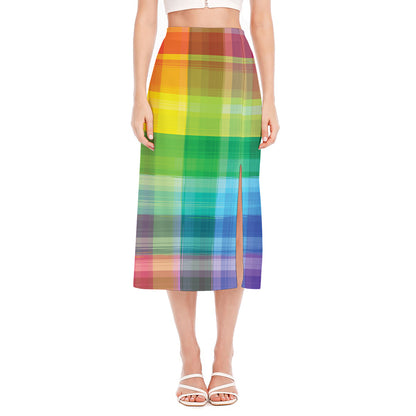 LGBT Pride Rainbow Plaid Pattern Print Side Slit Midi Skirt