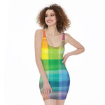 LGBT Pride Rainbow Plaid Pattern Print Sleeveless Bodycon Dress