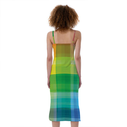 LGBT Pride Rainbow Plaid Pattern Print Slim Fit Midi Cami Dress