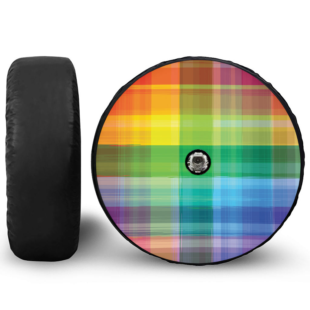 LGBT Pride Rainbow Plaid Pattern Print Tire Cover With Camera Hole