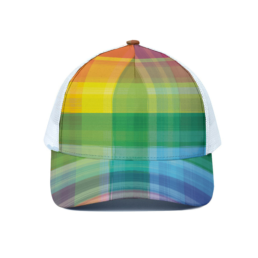 LGBT Pride Rainbow Plaid Pattern Print White Mesh Trucker Cap