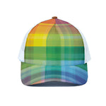 LGBT Pride Rainbow Plaid Pattern Print White Mesh Trucker Cap