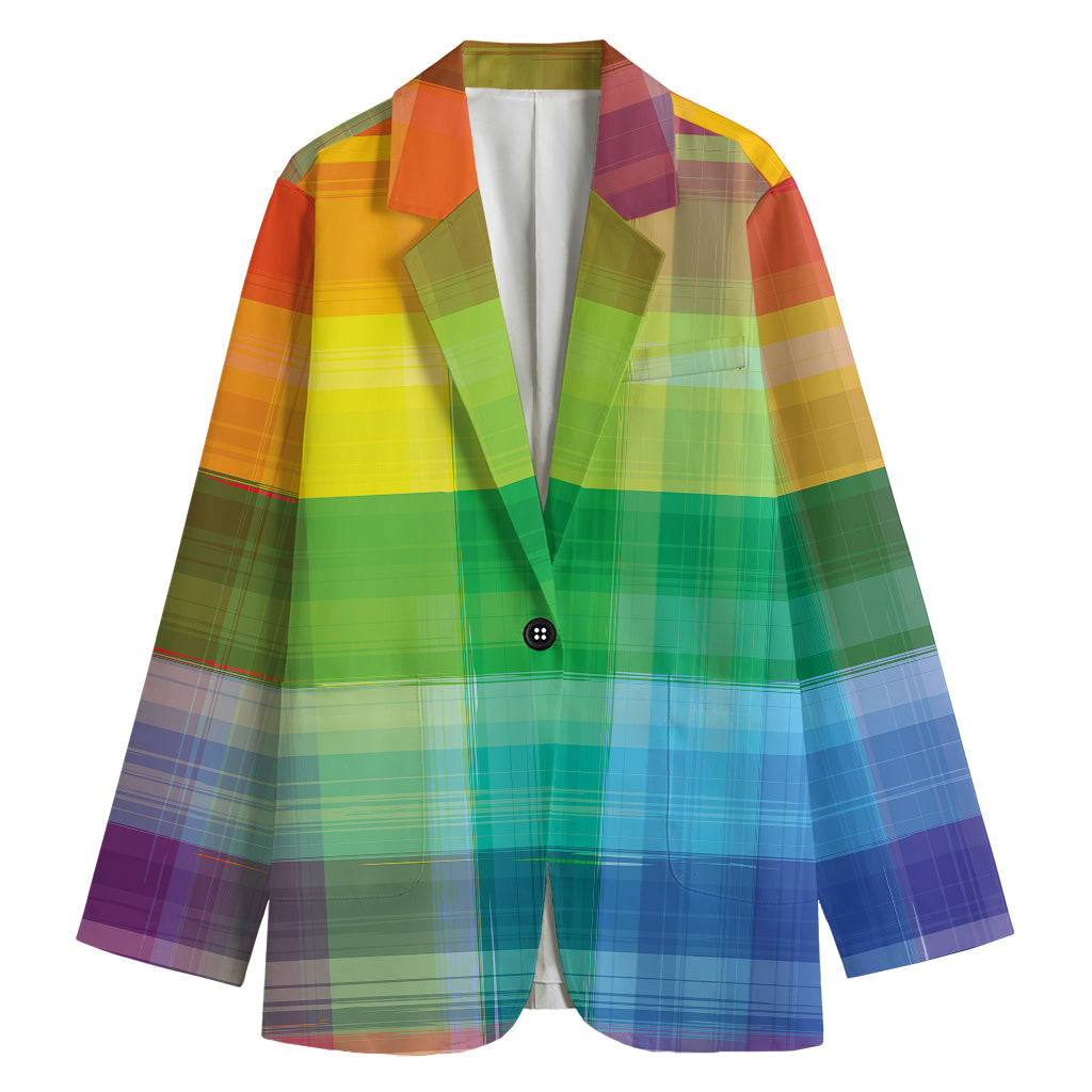 LGBT Pride Rainbow Plaid Pattern Print Women's Cotton Blazer