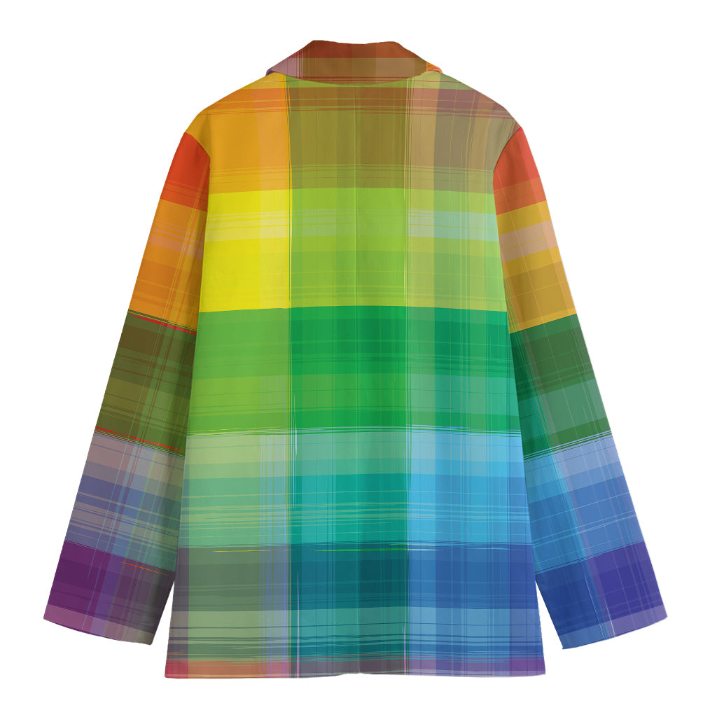 LGBT Pride Rainbow Plaid Pattern Print Women's Cotton Blazer