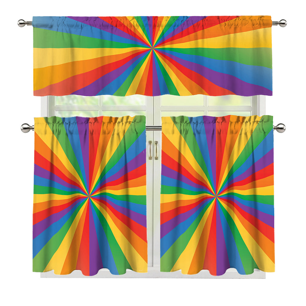 LGBT Pride Rainbow Rays Print 3 Piece Kitchen Curtains