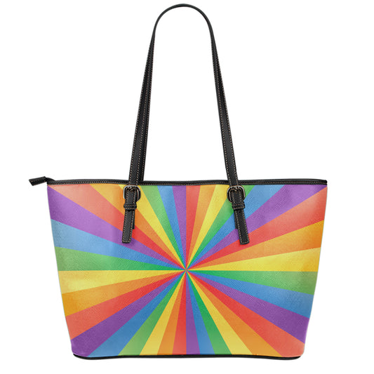LGBT Pride Rainbow Rays Print Leather Tote Bag