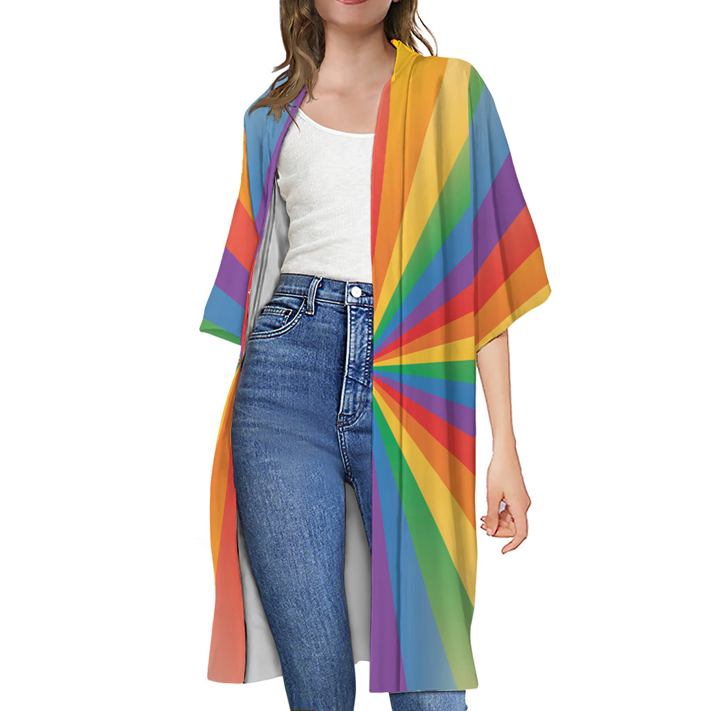 LGBT Pride Rainbow Rays Print Open Front Beach Cover Up