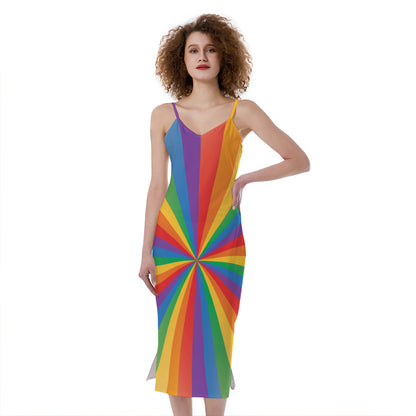 LGBT Pride Rainbow Rays Print Slim Fit Midi Cami Dress