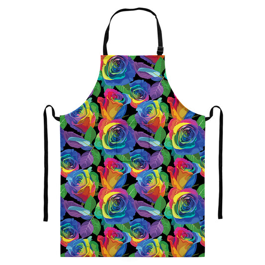 LGBT Pride Rainbow Roses Pattern Print Bib Apron With Pocket