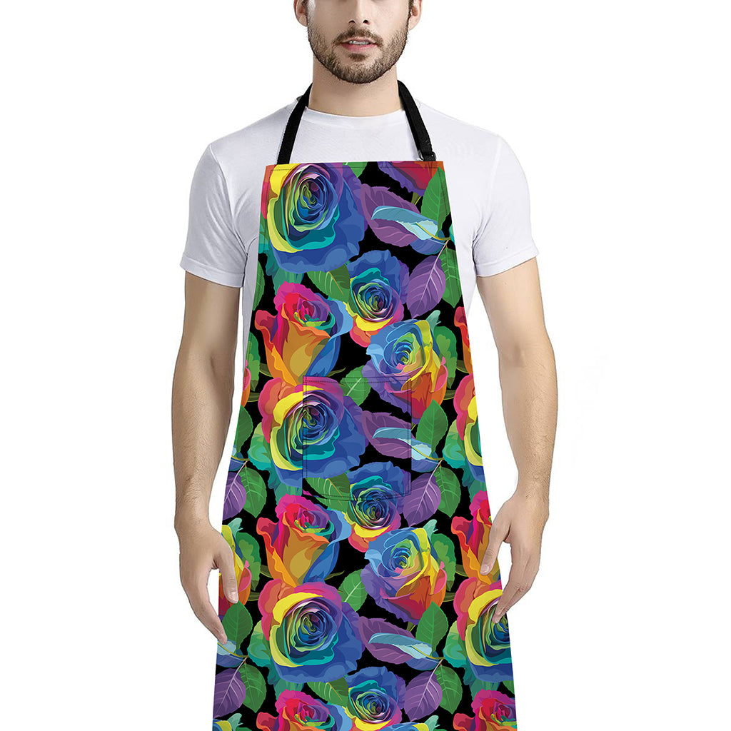 LGBT Pride Rainbow Roses Pattern Print Bib Apron With Pocket