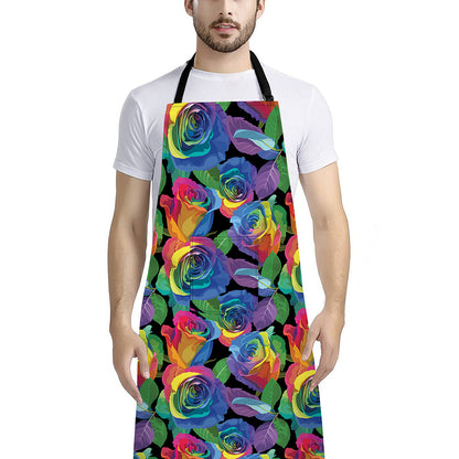 LGBT Pride Rainbow Roses Pattern Print Bib Apron With Pocket