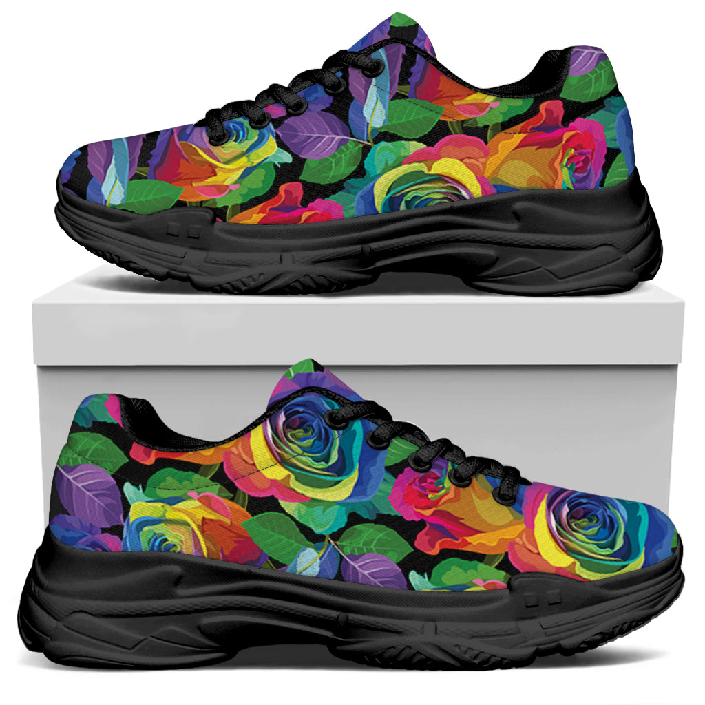 LGBT Pride Rainbow Roses Pattern Print Black Chunky Shoes