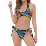 LGBT Pride Rainbow Roses Pattern Print Halter Scoop Tie Side Bikini
