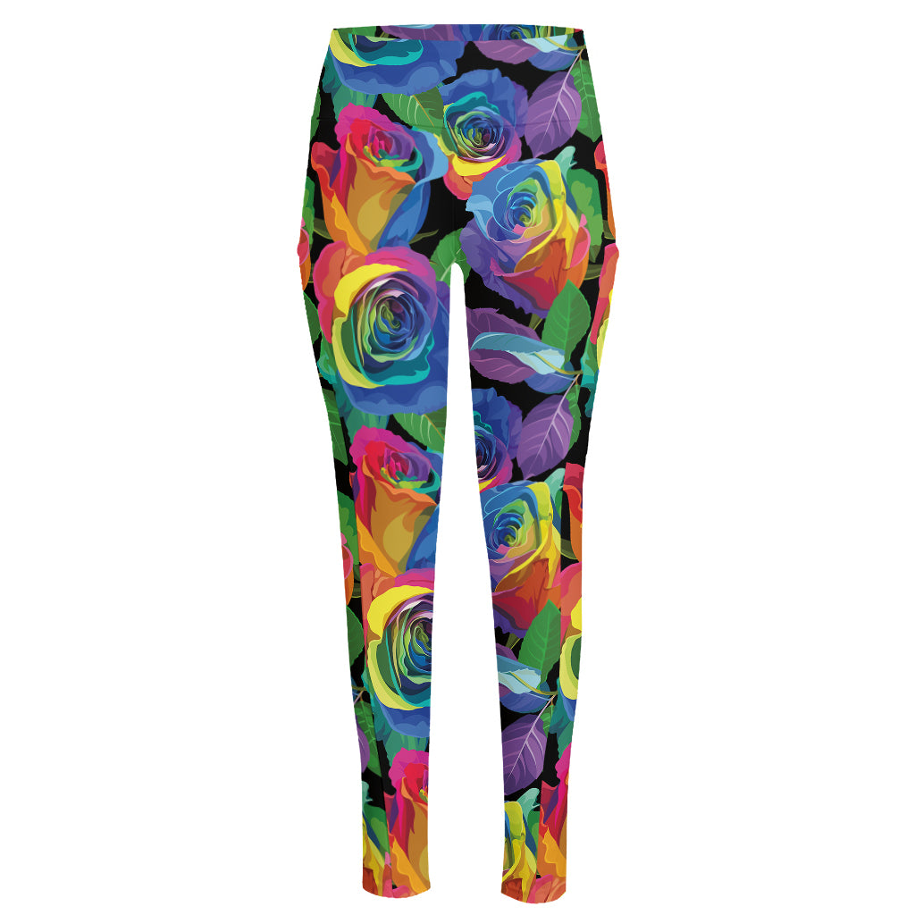 LGBT Pride Rainbow Roses Pattern Print High-Waisted Pocket Leggings