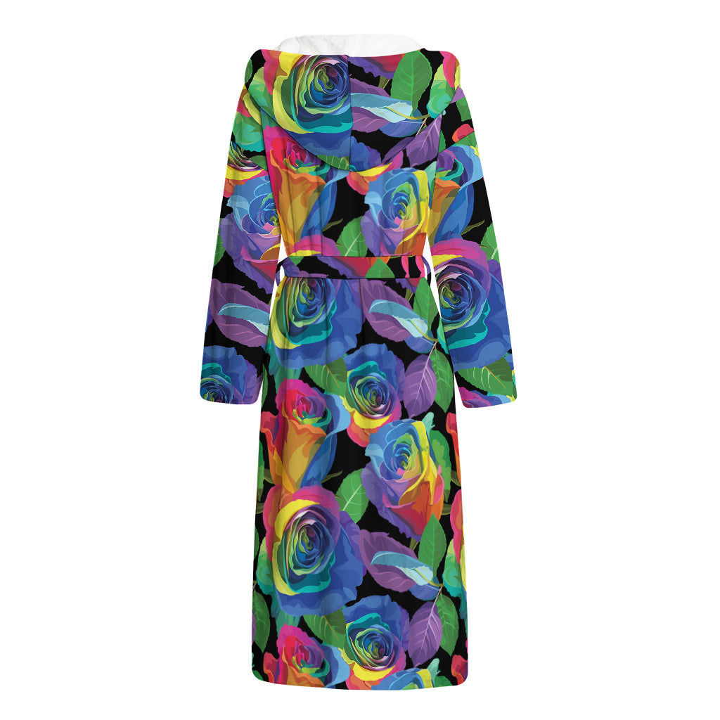 LGBT Pride Rainbow Roses Pattern Print Hooded Bathrobe