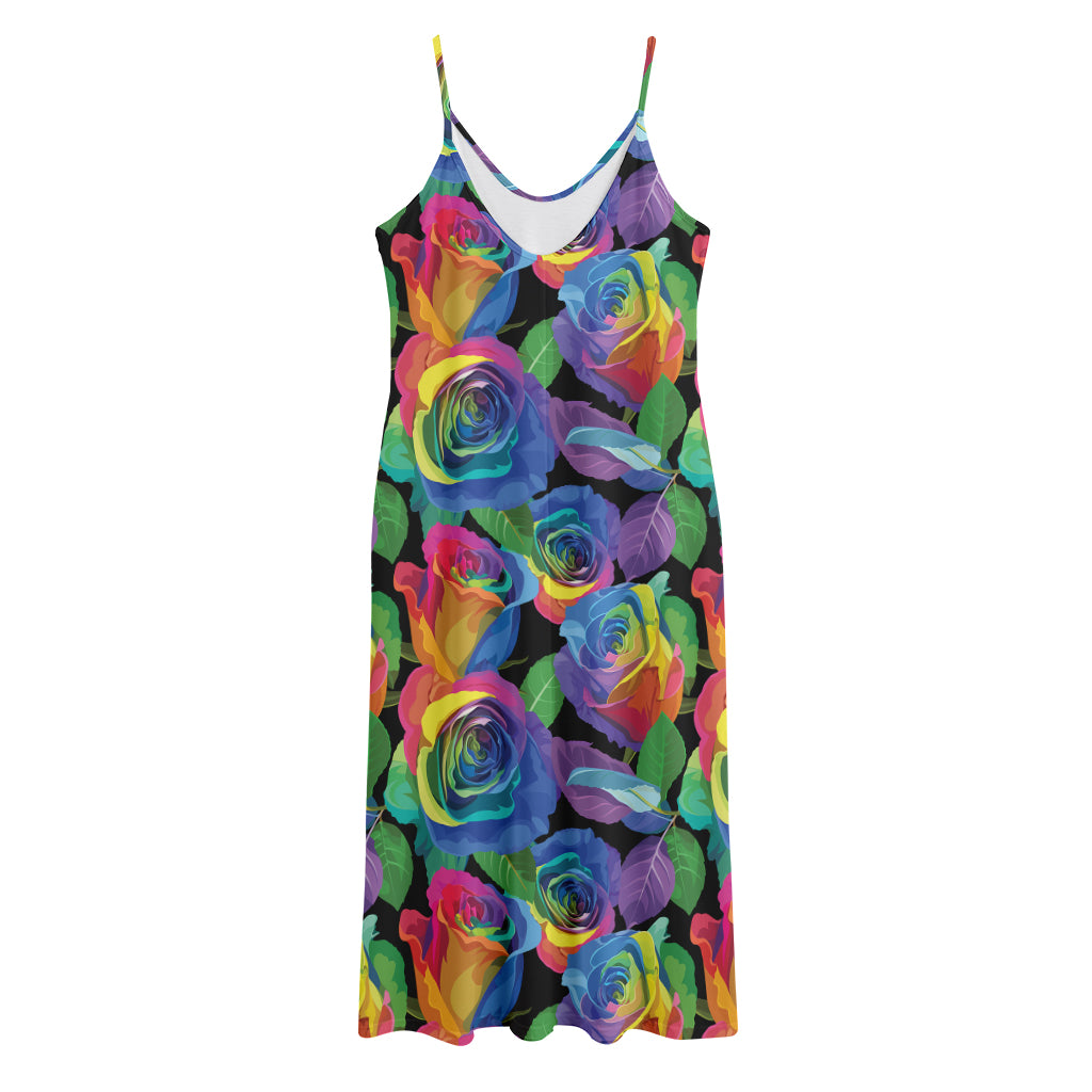 LGBT Pride Rainbow Roses Pattern Print Jersey Midi Cami Dress