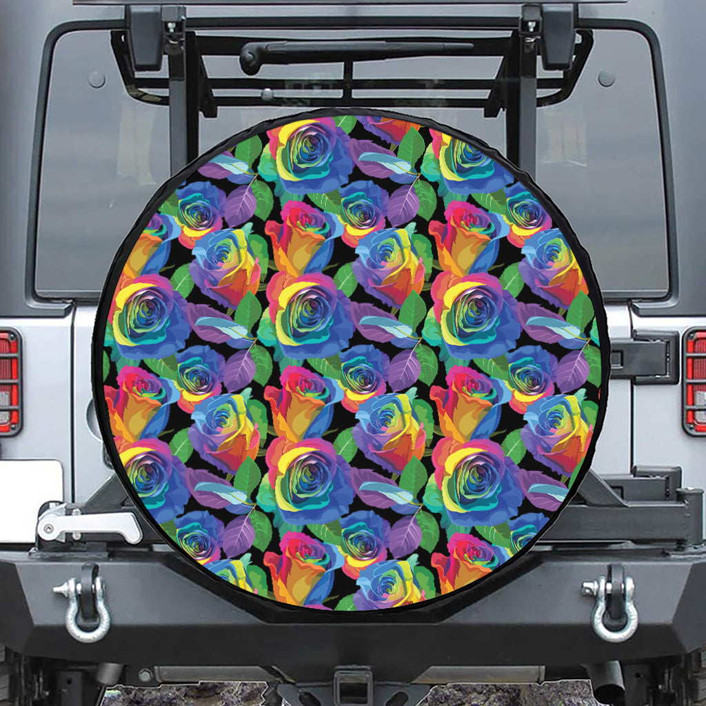 LGBT Pride Rainbow Roses Pattern Print Leather Spare Tire Cover