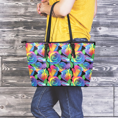 LGBT Pride Rainbow Roses Pattern Print Leather Tote Bag