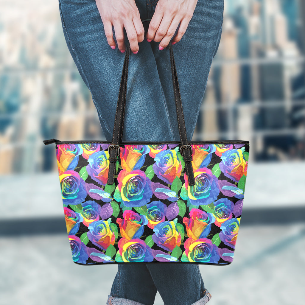 LGBT Pride Rainbow Roses Pattern Print Leather Tote Bag