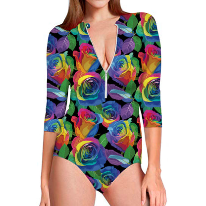 LGBT Pride Rainbow Roses Pattern Print Long Sleeve Swimsuit