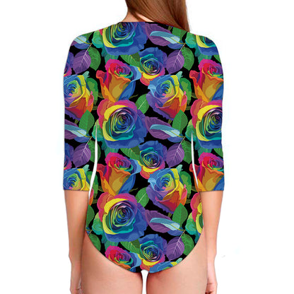 LGBT Pride Rainbow Roses Pattern Print Long Sleeve Swimsuit