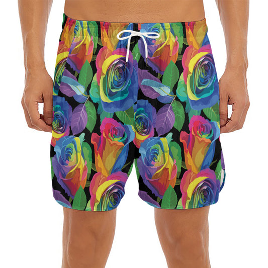 LGBT Pride Rainbow Roses Pattern Print Men's Split Running Shorts