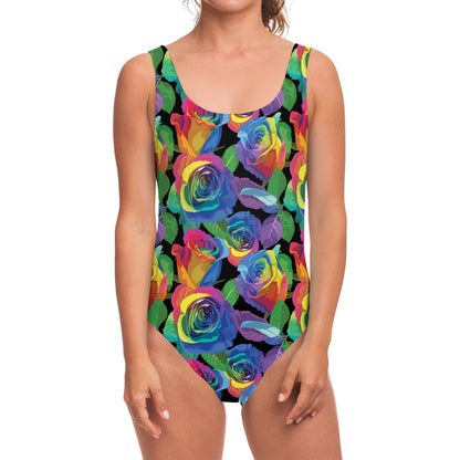 LGBT Pride Rainbow Roses Pattern Print One Piece Swimsuit