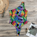 LGBT Pride Rainbow Roses Pattern Print One Shoulder Bodysuit
