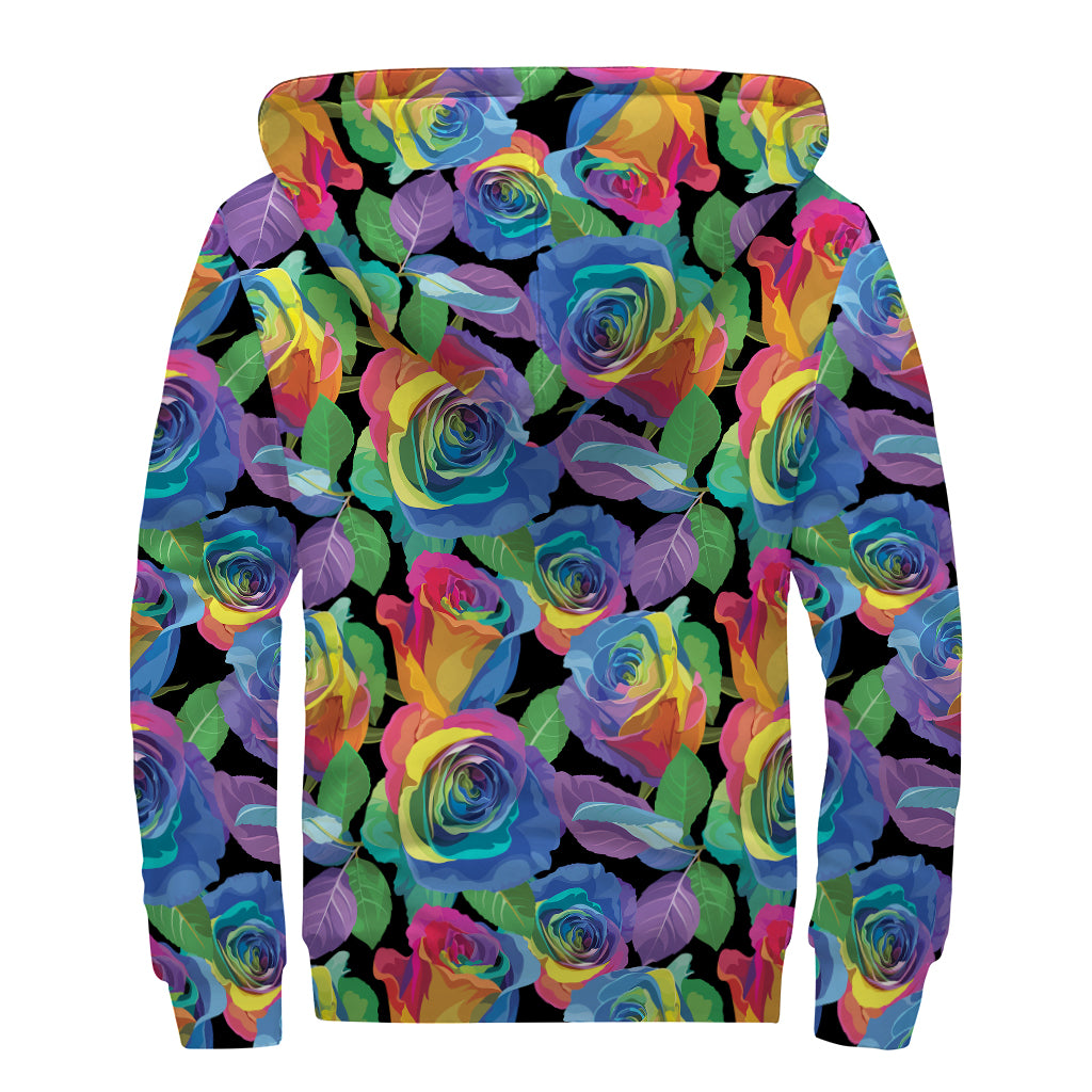 LGBT Pride Rainbow Roses Pattern Print Sherpa Lined Zip Up Hoodie