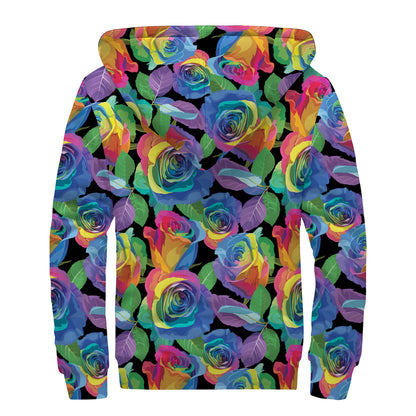 LGBT Pride Rainbow Roses Pattern Print Sherpa Lined Zip Up Hoodie