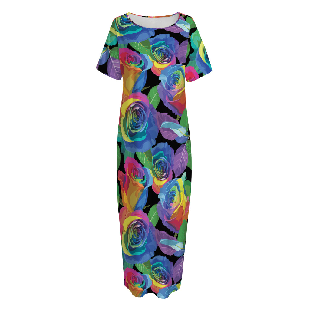 LGBT Pride Rainbow Roses Pattern Print Short Sleeve Long Nightdress