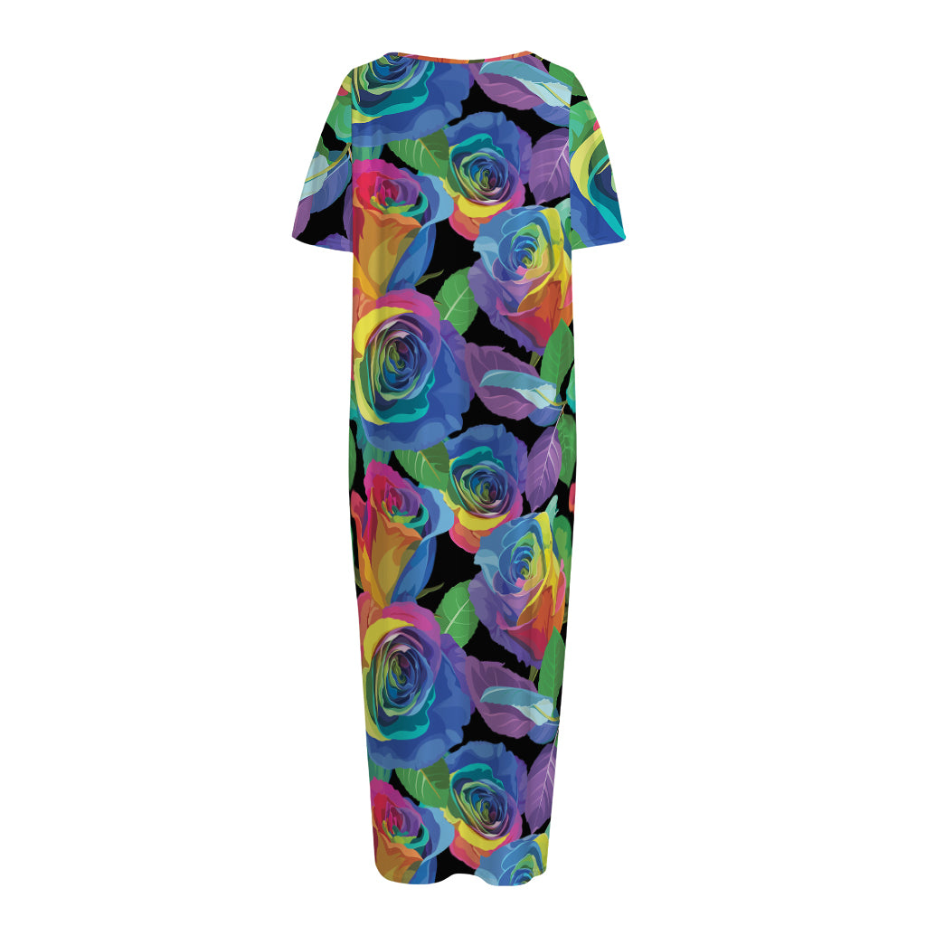 LGBT Pride Rainbow Roses Pattern Print Short Sleeve Long Nightdress