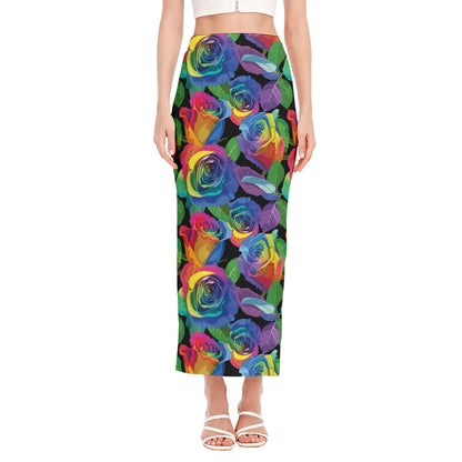 LGBT Pride Rainbow Roses Pattern Print Side Slit Maxi Skirt