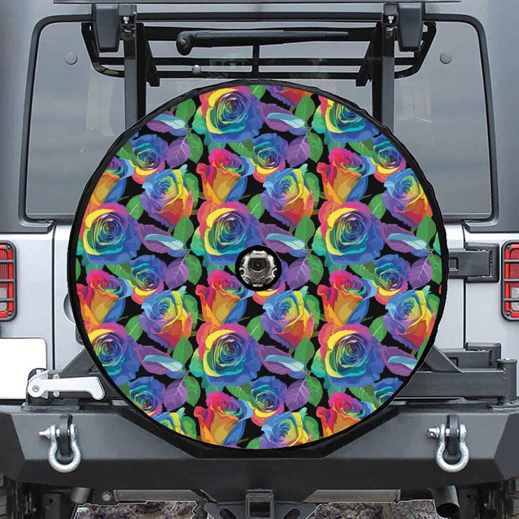 LGBT Pride Rainbow Roses Pattern Print Tire Cover With Camera Hole